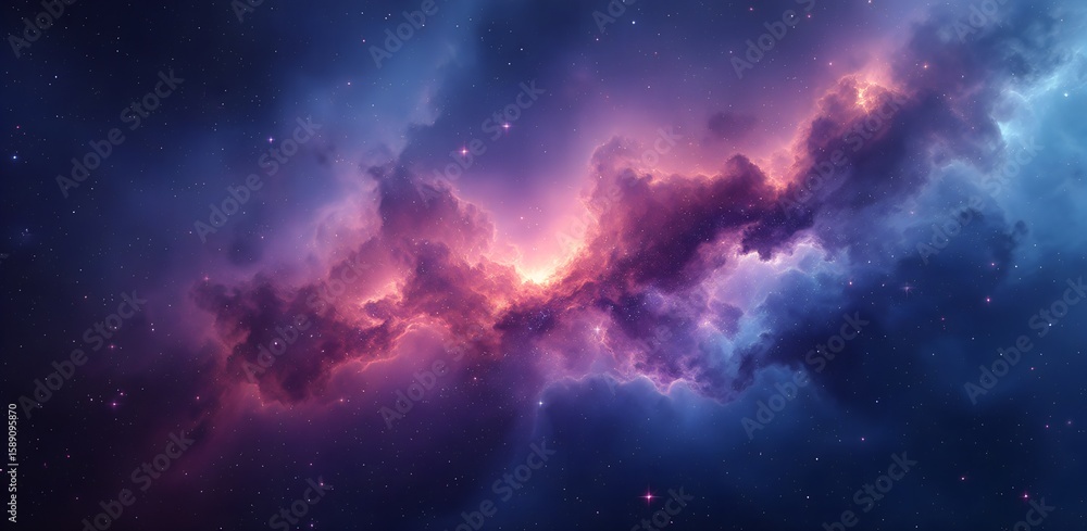 Fototapeta premium A pink purple gold nebula sparkles in the darkness of space