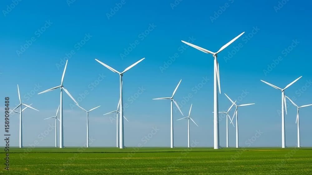 Wind turbines stand tall in a verdant field powered by a bright blue sky generating clean sustainable energy Wind turbines stand tall in a verdant field powered by a bright blue sky generating clean sustainable energy