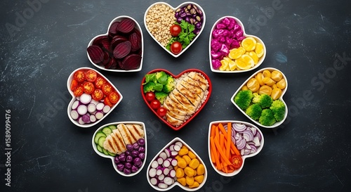 Heart-shaped bowls filled with colorful, healthy foods arranged in a circular pattern on a dark background, promoting wellness and nutrition.