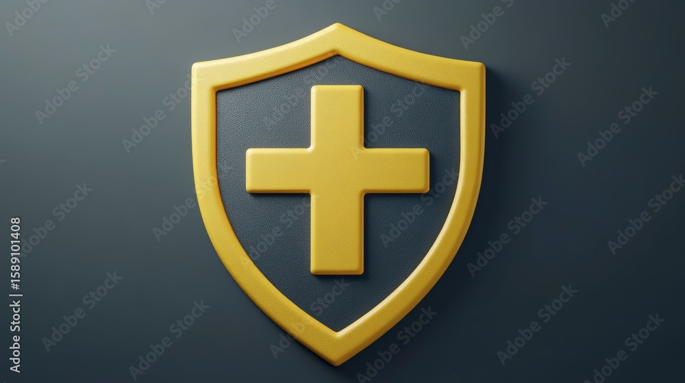 Obraz premium Gold shield with a medical cross symbol on dark background.