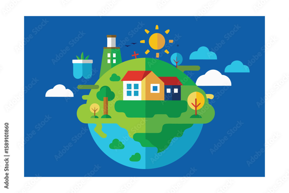 Fototapeta premium Isolated Cartoon Eco World With Homes Fields And Nature