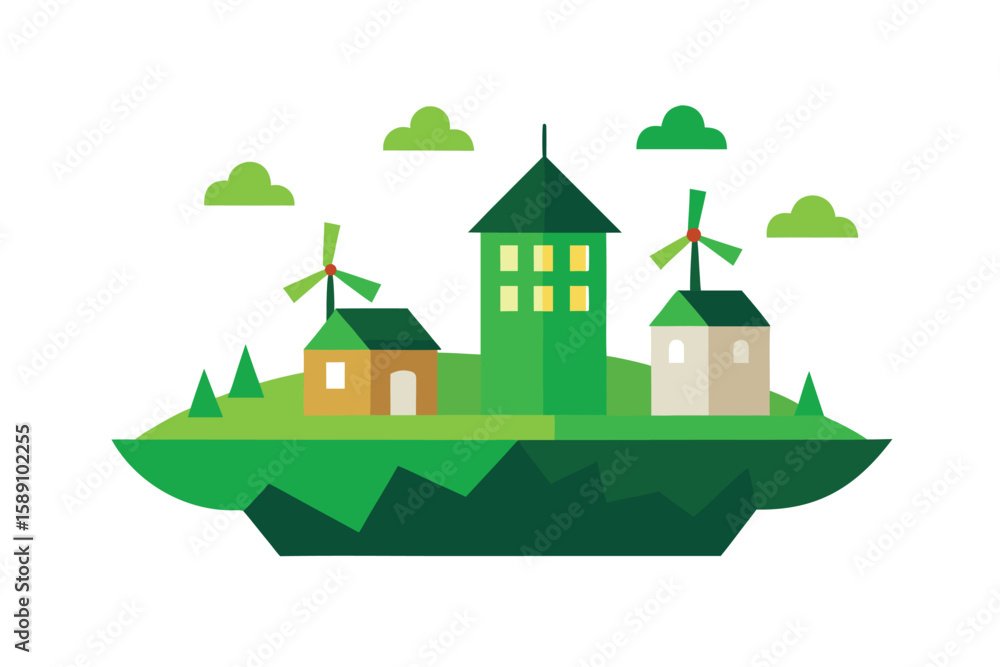 Obraz premium Green Rooftop Houses On Mini Floating Island With Greenery