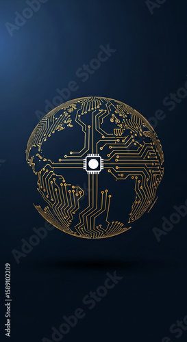A circuit board forms a globe on a dark blue background