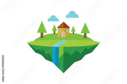 Green Oasis Style Floating Island With Stream And Nature