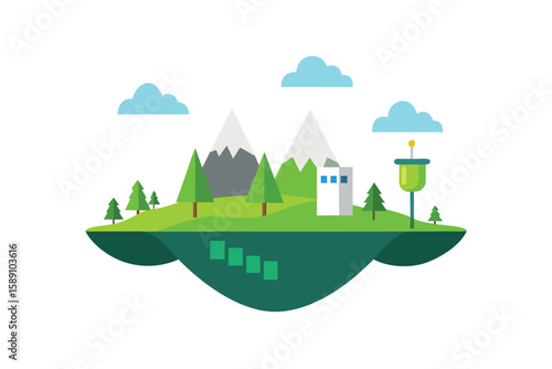 Floating Landscape With Hills Forest And Smart Eco Homes