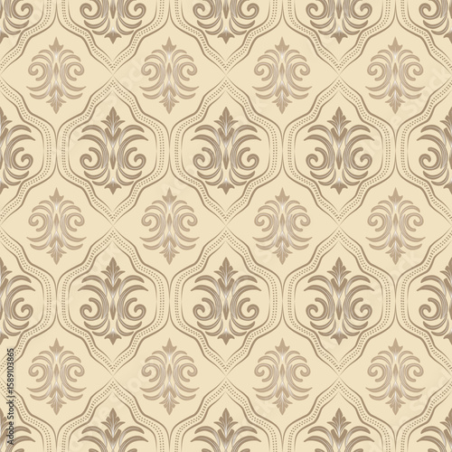 Damask seamless pattern with brown floral elements, vintage design, vector illustration elegant for textiles, wall paper, bedding, upholstery fabric, curtains, cushion cover, carpet, scarf, wrapping