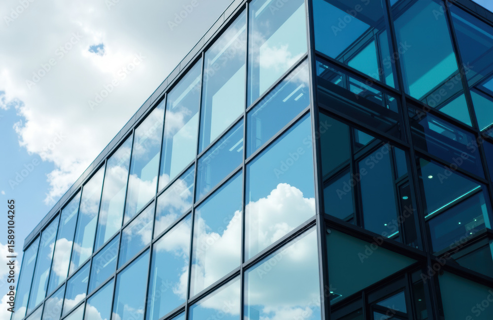 Obraz premium Modern glass building reflecting blue sky and clouds with sleek architectural design
