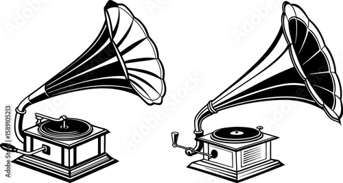 Silhouette of Two Vintage Gramophones