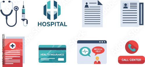 Collection of healthcare icons including stethoscope, syringe, hospital logo, medical record, insurance card, online help, and call center.