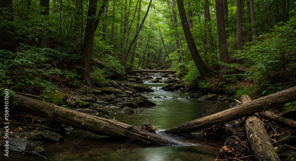 Naklejka premium Lush forest creek flowing through a dense woodland, with fallen logs across the water.