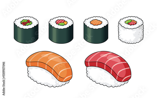 Assorted Sushi Rolls and Nigiri with Salmon and Tuna