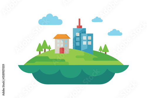 Cartoon Energy Saving Town On A Grassy Island Base