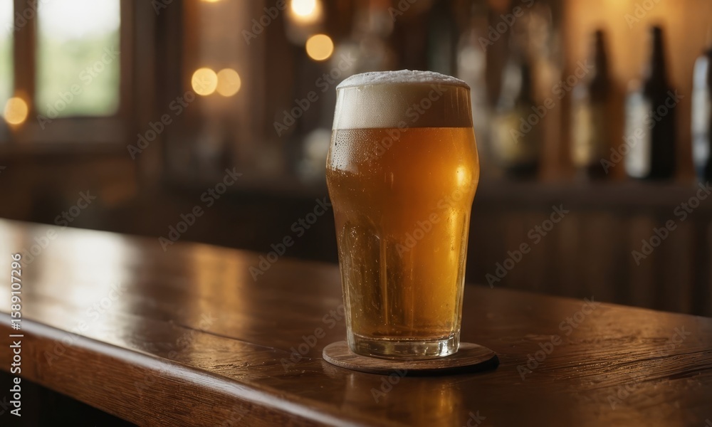 Refreshing pint of beer on a rustic wooden bar in warm lighting Refreshing pint of beer on a rustic wooden bar in warm lighting