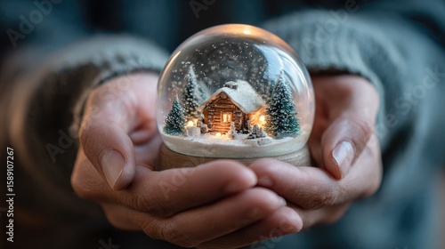 Hands holding a snow globe with a cozy cabin