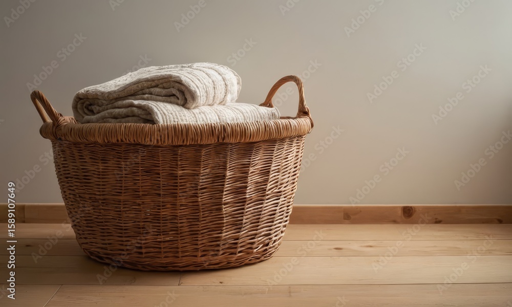Obraz premium Cozy Home Still Life, Wicker Basket with Folded Blankets on Wooden Floor