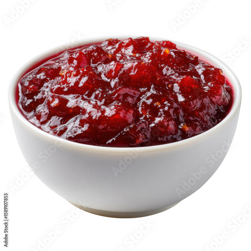 A white bowl filled with delicious homemade cranberry sauce isolated on transparent background
