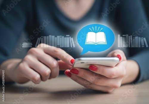 Woman uses smartphone to access digital library and read books online