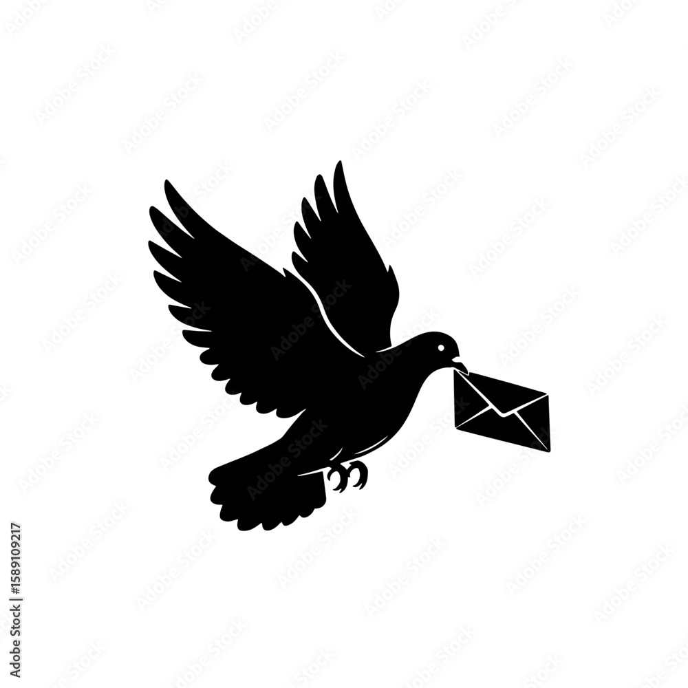 Fototapeta premium A black silhouette of a carrier pigeon in flight, gracefully carrying a sealed envelope.