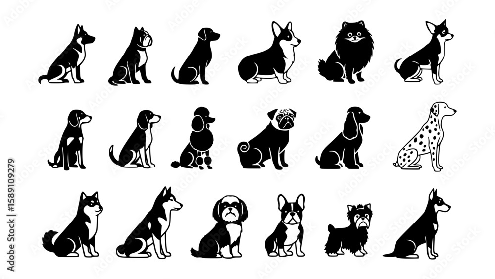 Fototapeta premium Collection of various dog breeds in silhouette form, perfect for pet-related projects and designs. The dogs are depicted in a clean, minimalist style