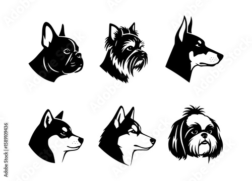 Six dog breed silhouettes: French Bulldog, Yorkshire Terrier, Doberman Pinscher, Siberian Husky, Alaskan Malamute, and Shih Tzu.  Each dog's head is depicted in profile.