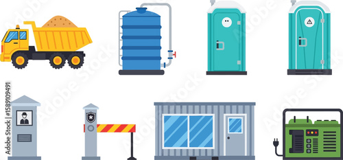 Construction site elements: dump truck, water tank, portable toilets, guard booth, barrier, container office, and generator.
