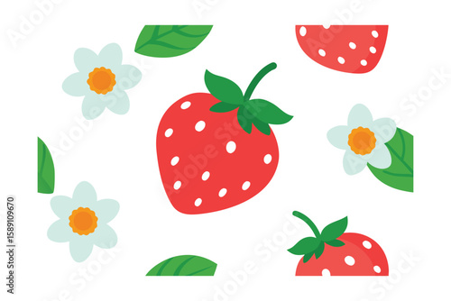 Strawberry Blossoms And Floral Leaves Seamless Design