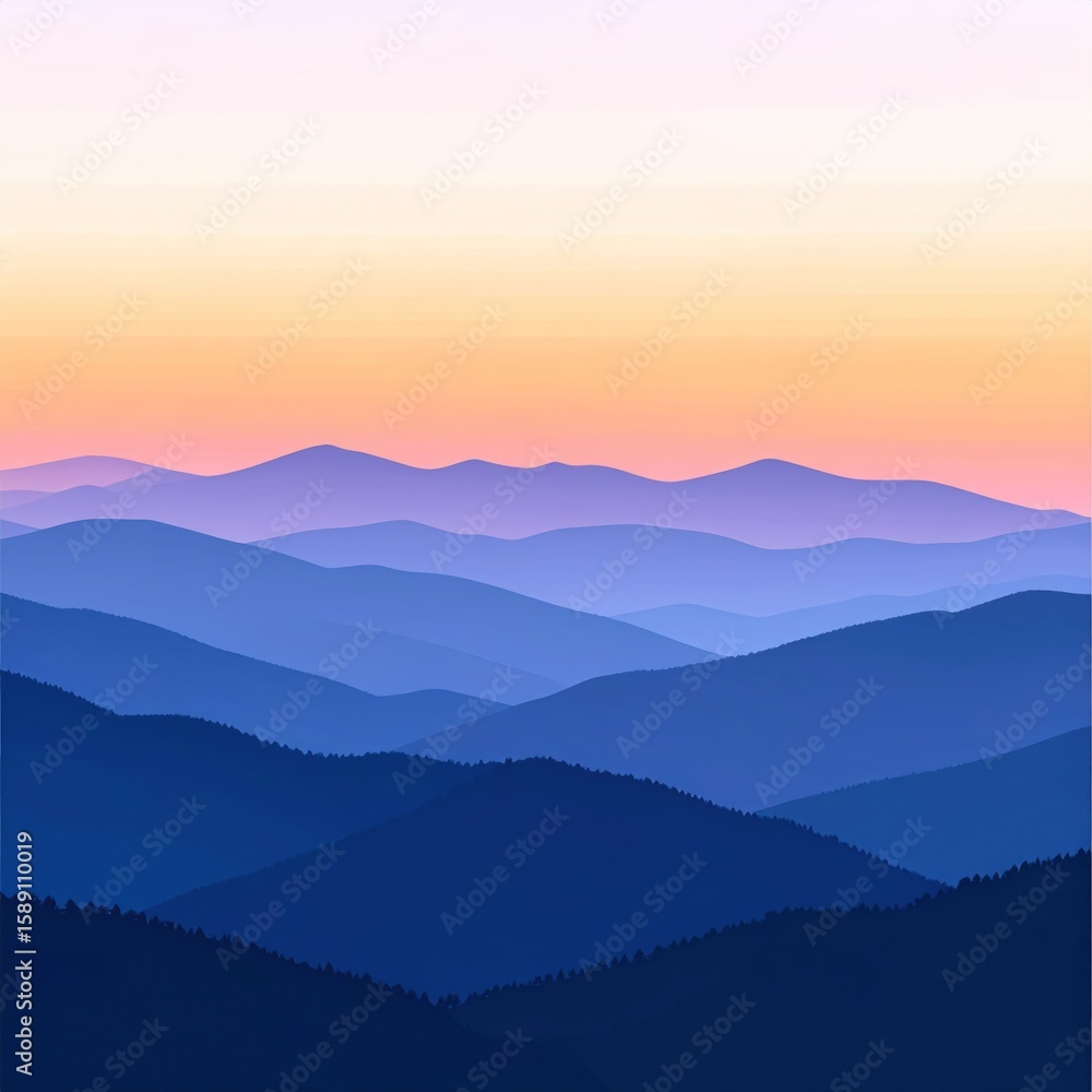 Serene Mountain Range Silhouette Against A Gradient Sunset Sky Displaying Blue and Orange Hues Serene Mountain Range Silhouette Against A Gradient Sunset Sky Displaying Blue and Orange Hues