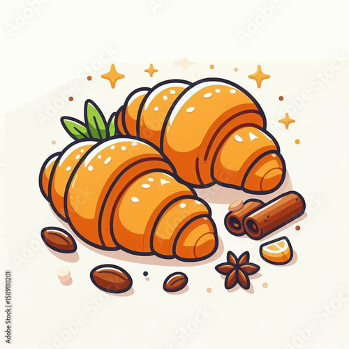 Cartoon croissants with coffee beans star anise cinnamon and lemon slice on a plain background