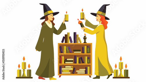 Two witches in robes with hats standing near a bookshelf and candles in a bright and colorful setting