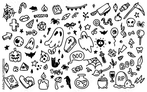 Horror Halloween sticker set. Hand-drawn doodle collection with spooky and magic elements: pumpkins, ghosts, skulls, black cats, cauldrons, witch hats. Perfect for Halloween decor and party design.