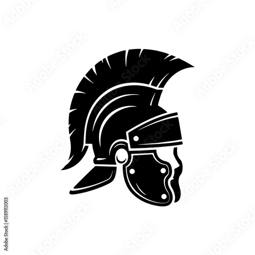 A stylized black silhouette of a Roman centurion's helmet, detailed and angled.
