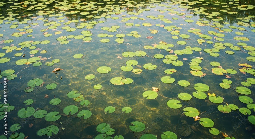Calm pond surface covered with vibrant green lily pads, reflecting light. Calm pond surface covered with vibrant green lily pads, reflecting light.
