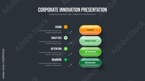 Company Launch 4 Step Diagram Slide Design. Marketing Development Slideshow Template Vector Illustration. Project Profile Four Element Infographic Frame Layout.