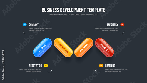 Corporate Visualization Four Element Infographic Slide Layout. Modern Insight Presentation Template Vector Illustration. Service Overview 4 Option Diagram Slideshow Design.