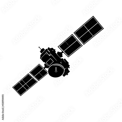 Black and white illustration of a satellite in space, isolated.