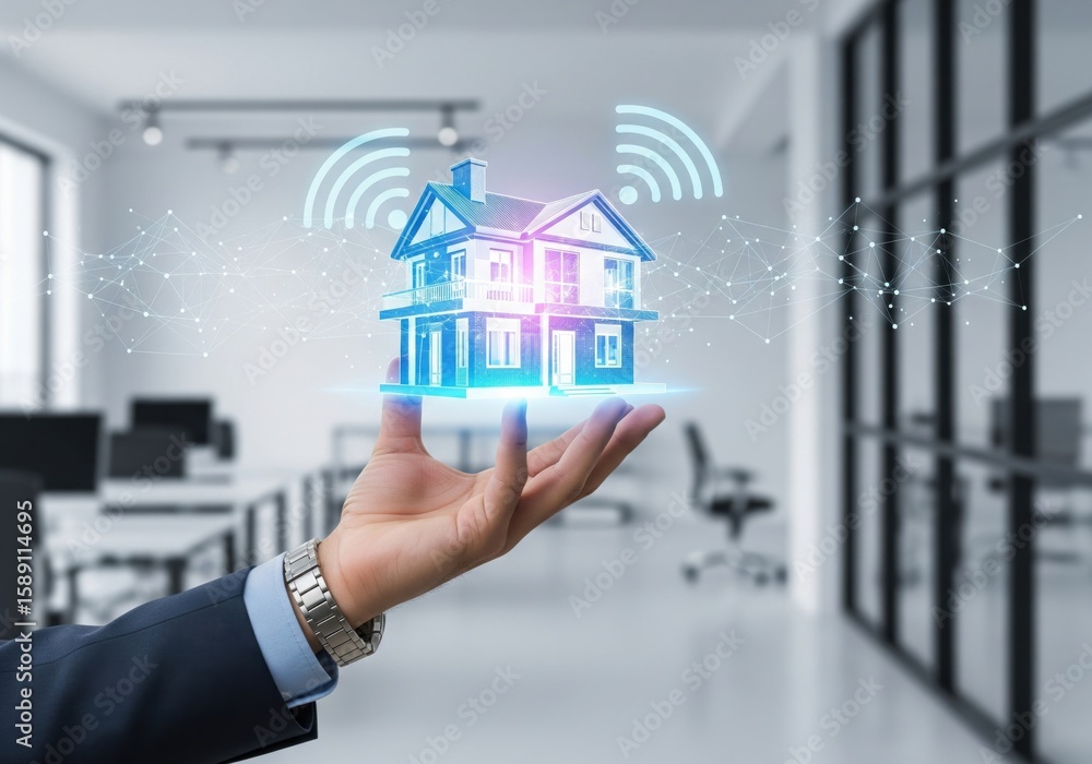 Hand Holding Smart Home Model, Connected Living Technology Hand Holding Smart Home Model, Connected Living Technology