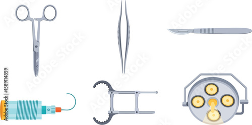 Medical instruments, surgical tools, and a surgical light.