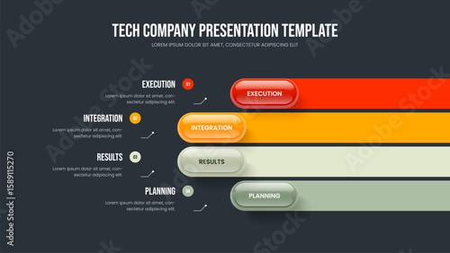 Investor Briefing Four Element Diagram Slide Template. Sales Development 4 Option Infographic Presentation Layout. Company Visualization Frame Design Vector Illustration.