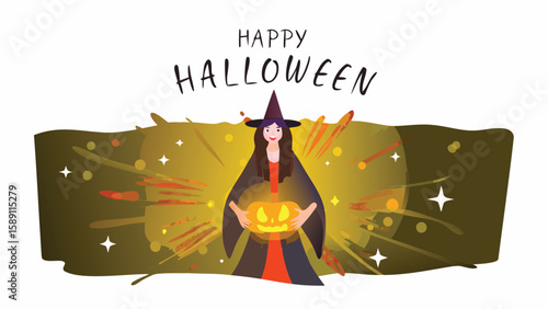 A witch holding a pumpkin with happy halloween text above on a festive halloween background design