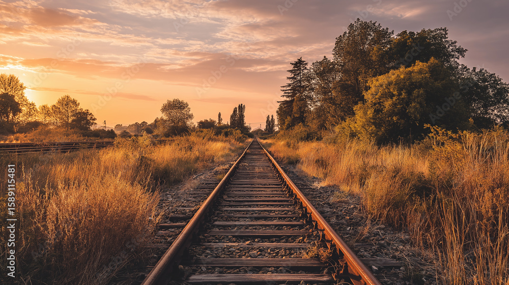 Fototapeta premium Golden Hour Railway: Tranquil Sunset Landscape