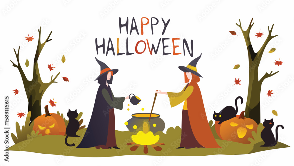 Naklejka premium Two witches brewing a potion in a cauldron with pumpkins and black cats in a halloween landscape scene