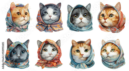 Cute cats in babushka headscarf. Watercolor kitten portraits in floral scarves. Decorative animal characters set