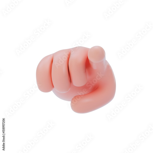 A stylized hand with the index finger pointing straight ahead at the viewer. Can denote you, choice, attention or interaction. 3D vector illustration on isolated background