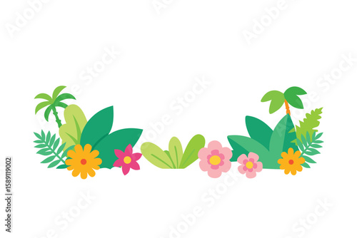 Border Of Cartoon Tropical Plants And Flowers
