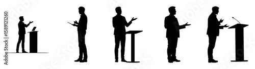 Silhouettes of Speakers Presenting from Podium and Holding Devices