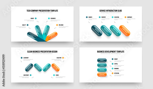 Company Development 4 Step Diagram Slide Design Set. Enterprise Plan Four Element Infographic Slideshow Template Vector Illustration Collection.