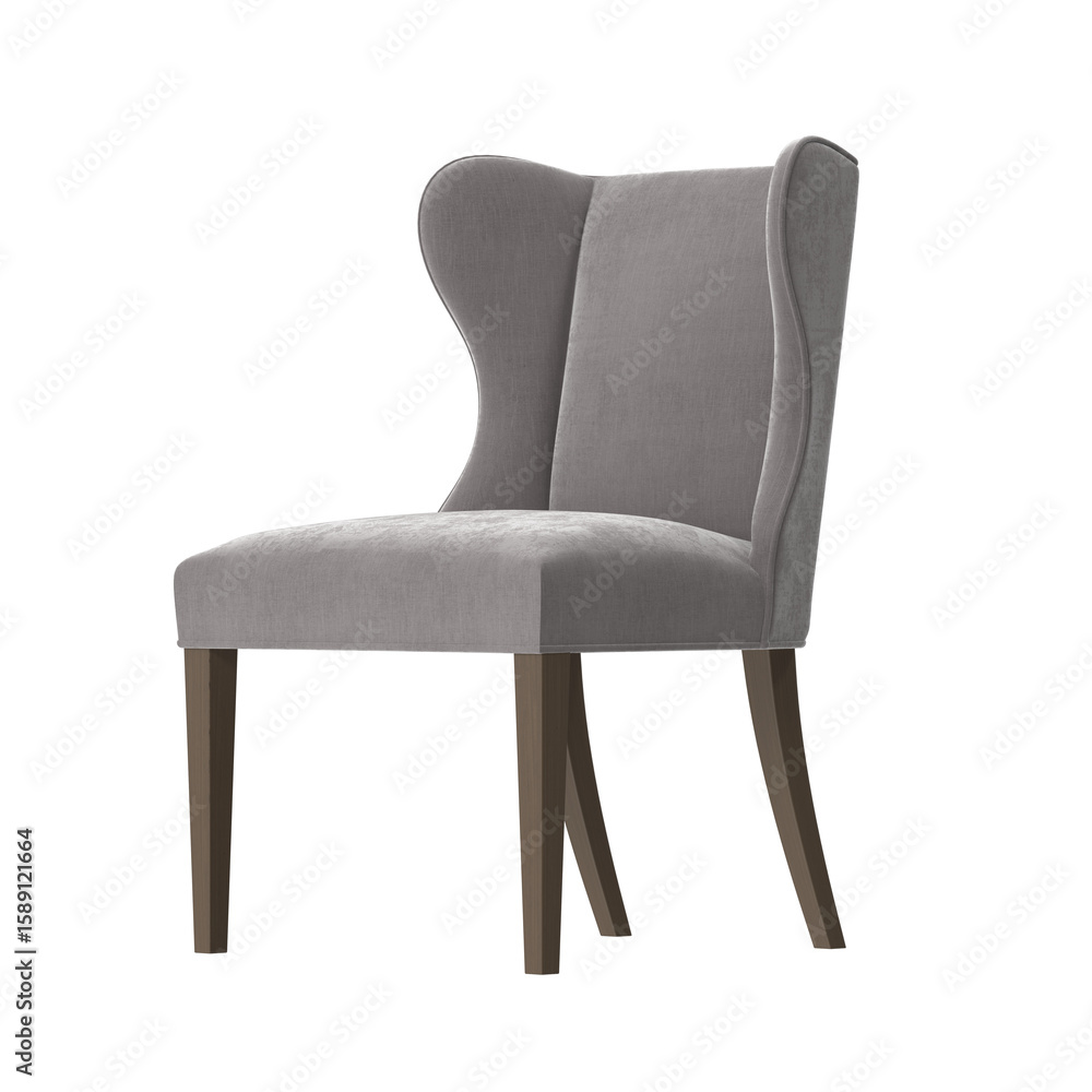 Classic grey fabric wingback dining chair, low angle perspective view, 3D render, isolated on transparent background. Classic grey fabric wingback dining chair, low angle perspective view, 3D render, isolated on transparent background.