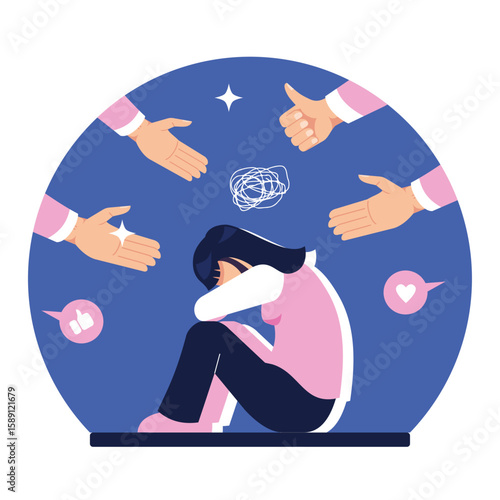Psychotherapy psychological support concept. depressed woman sitting getting help and cure from stress feeling lonely and unhappy vector illustration 