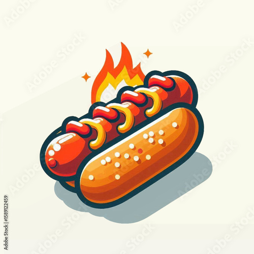 Cartoon hot dog with flames topped with mustard and ketchup set on a white background