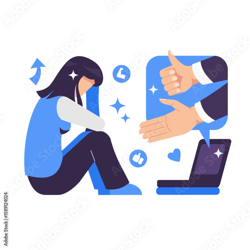 Online psychological support concept. Sad and depressed young woman sitting while receiving support and encouragement. Positive comments illustration.